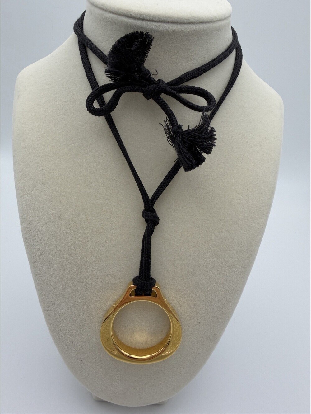 Authentic Rare Hermes Gold Drop Ring Pendant Necklace with Black Rope Chain